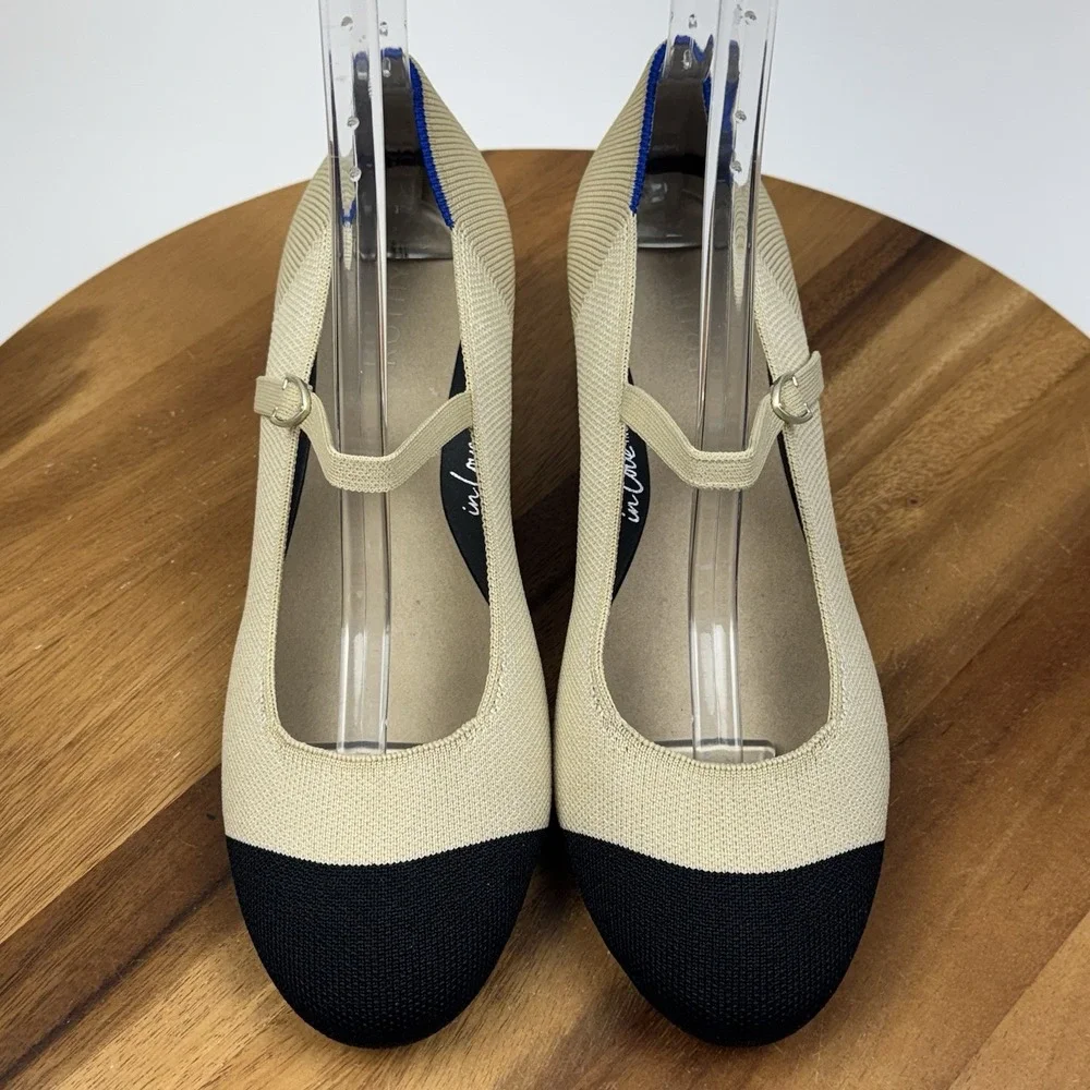 New NWOB Womens Rothys The Mary Jane Beige Knit Cap Toe Block Heels Size 10.5 M